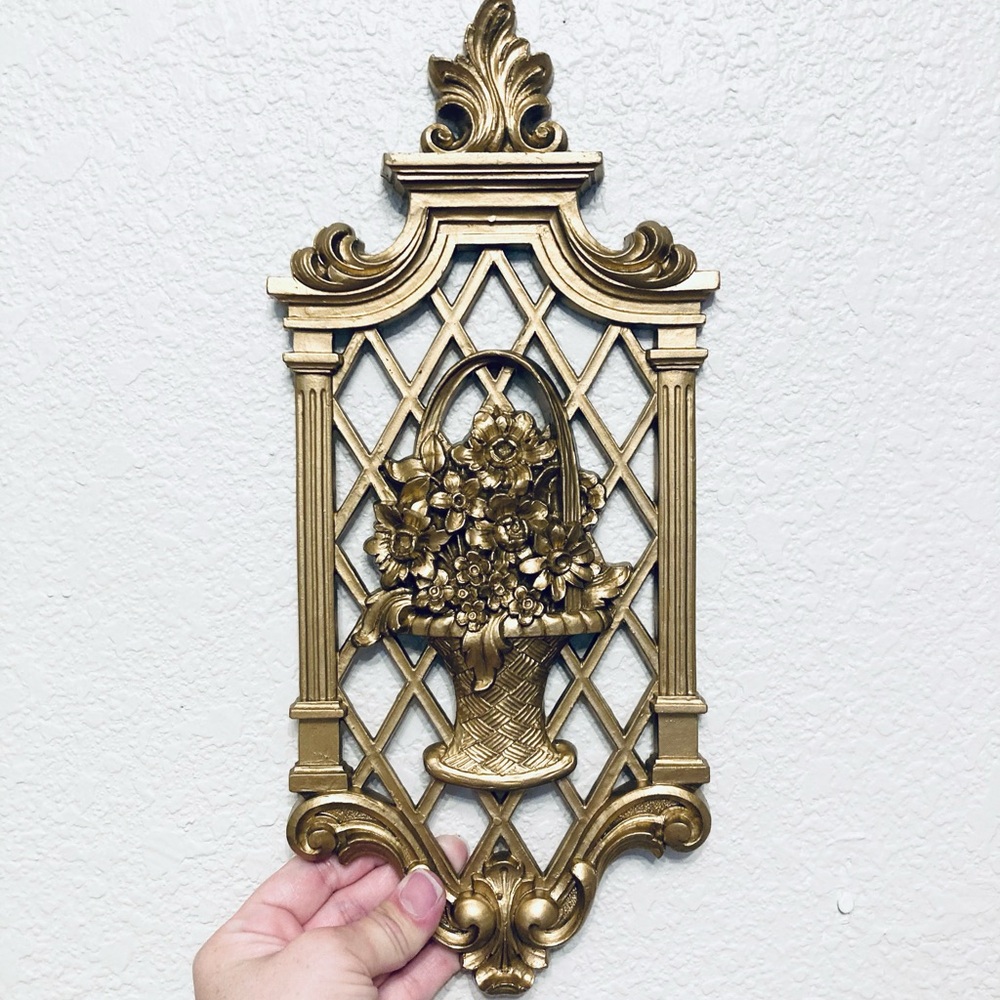 Vintage Dart Industries Homco Wall Plaque Gold Lattice Hollywood Regency ornate